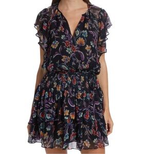 NWT RAMY BROOK Navy Blue Floral Cap Sleeve Tiered Ruffle Mini Dress Size Medium